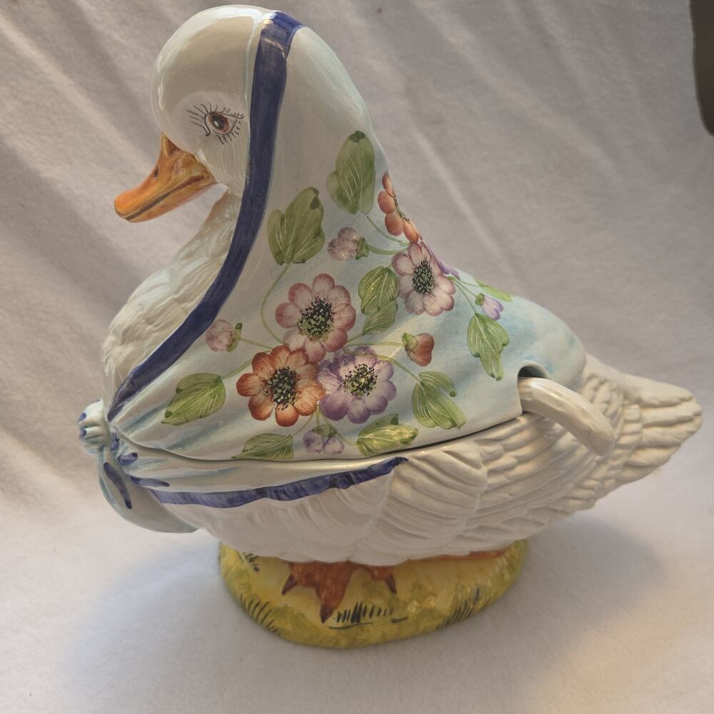 VTG Italian Majolica Mother Goose Soup Tureen/gravy Boat Hand-Paint Ceramic